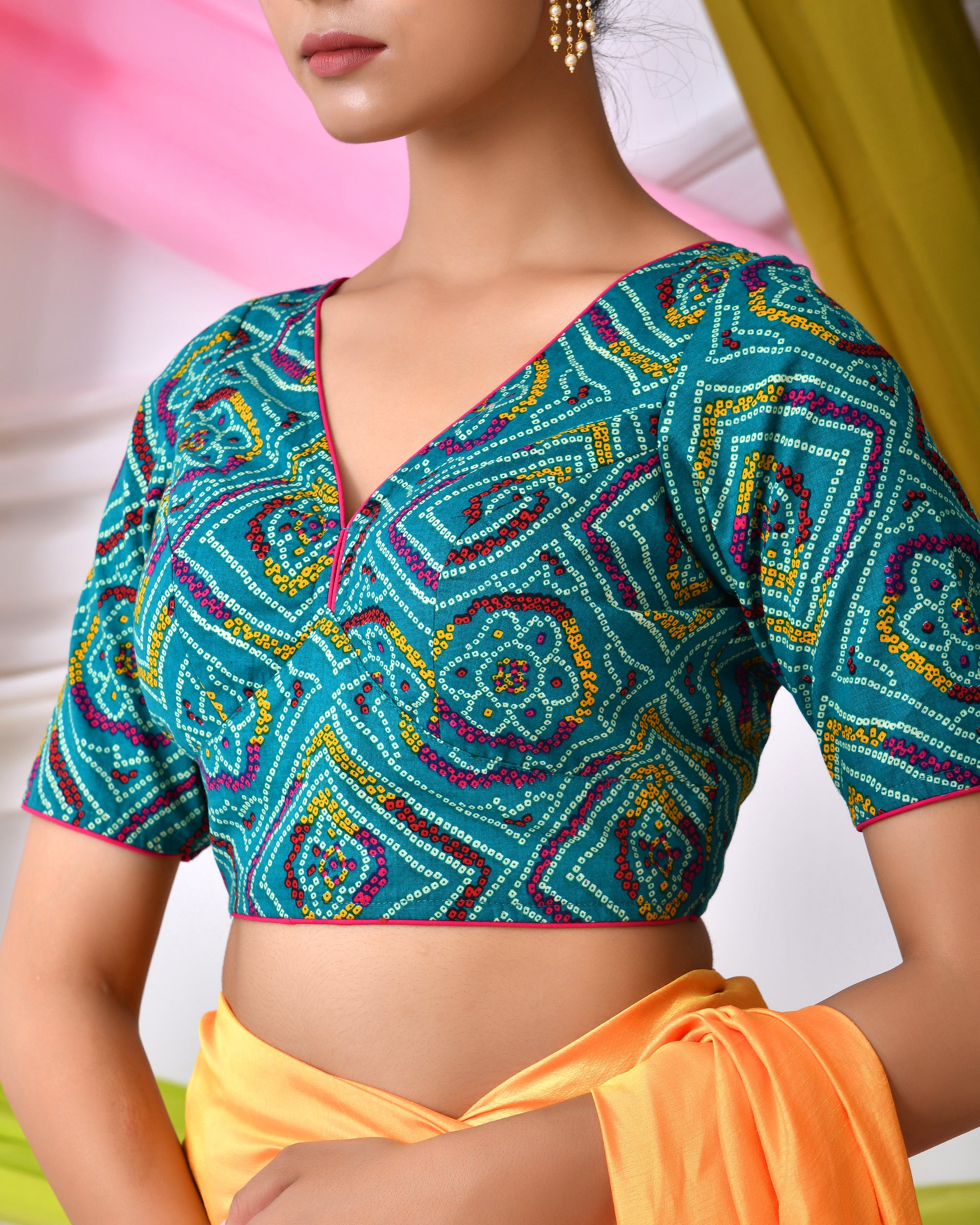 Green Bandhej Printed Cotton Padded Blouse